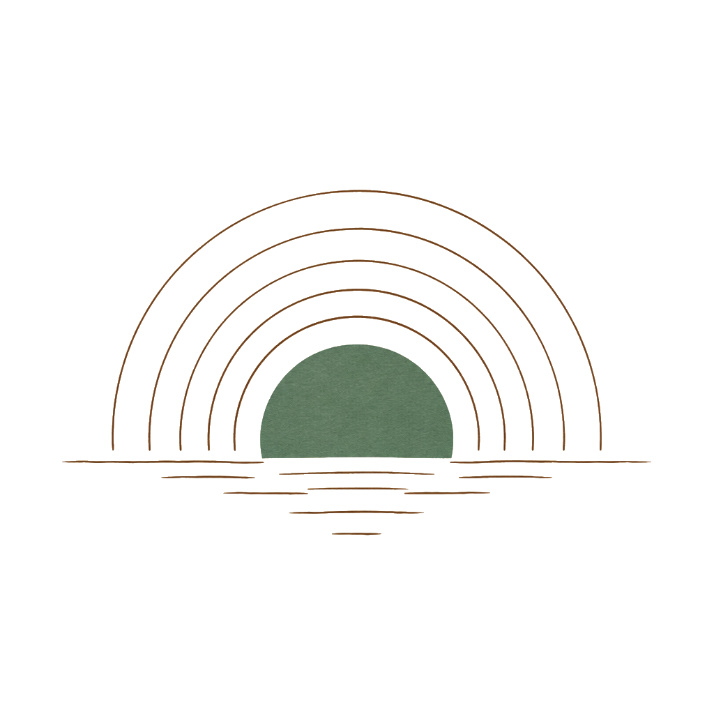 Line illustration of a sun rising over calm water, framed by thin arcs